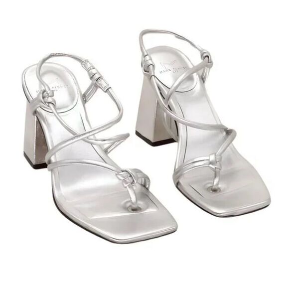 Marc Fisher Shoes - Marc Fisher Women's Silver Giada Block Heel Strappy Sandals Size 7M
